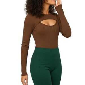 Brown Ribbed Cutout Long Sleeve Bodysuit Women's Size Medium